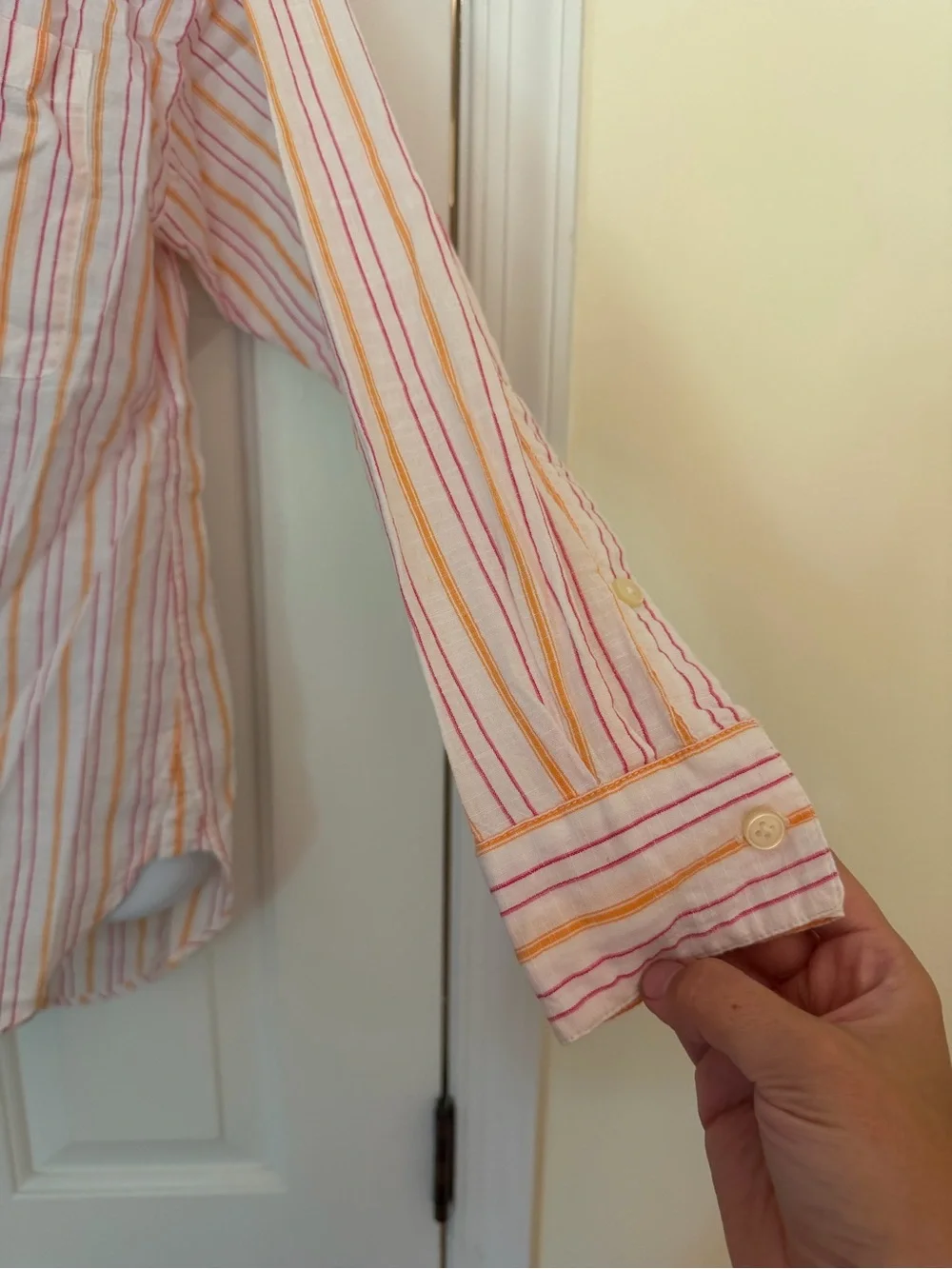 LOFT 100% Cotton Striped Button Down Shirt Medium Pink Orange White